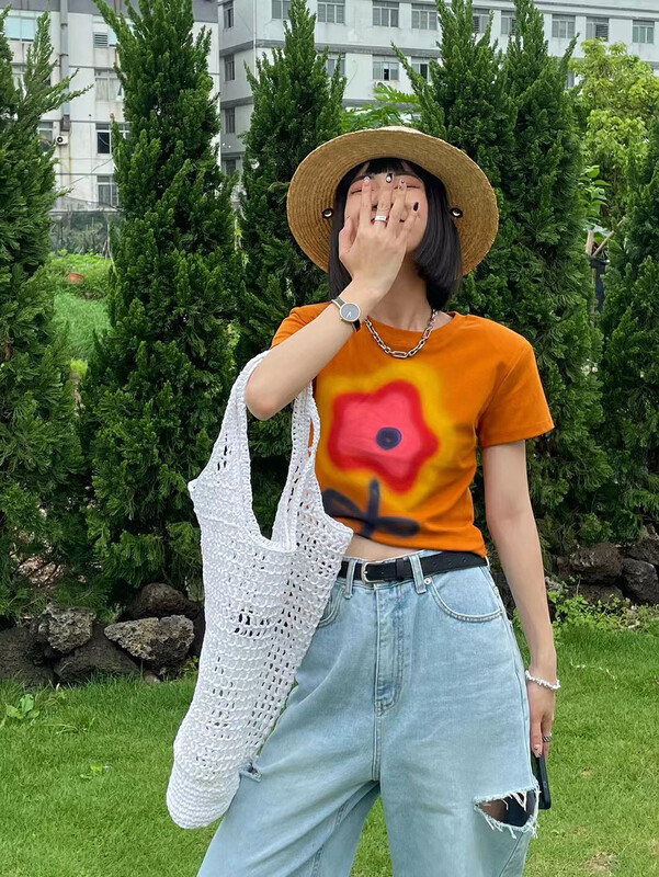 [Yuanxi] online hot girl sun flower dew navel short sleeve T-shirt a6021\lsl