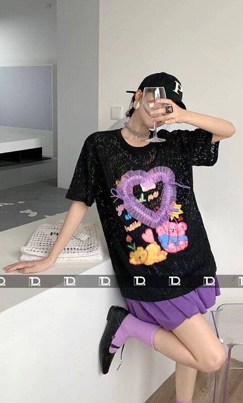 [original by tangdou] lace bear printed screen lace short sleeve T-shirt (T-shirt only) 9691\\wtt