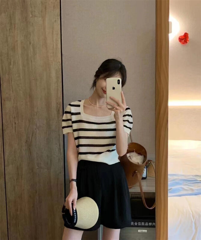 [Yun] striped Pullover square neck T-shirt 6622\csx