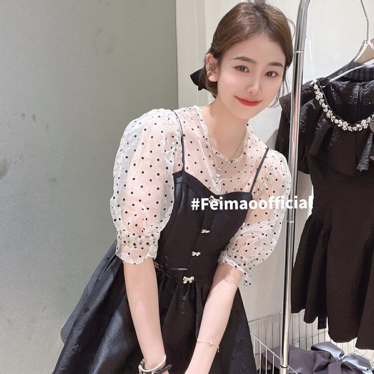 In early summer! [Feimao Philippine cat] Korean fashion temperament suspender skirt + bubble sleeve small shirt set ys1-ym-7198\lsl