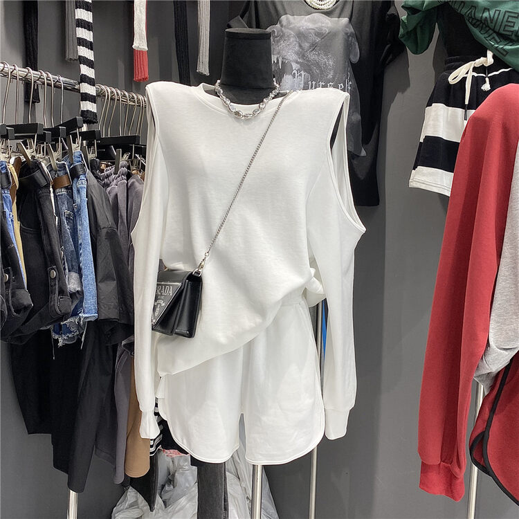 【 ajroom 】 off shoulder loose round neck sleeveless sweater + elastic waist casual Shorts Set 6611\zxl