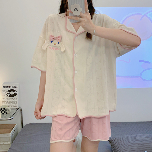 Real shooting of summer pajamas women's short sleeve loose V-neck strip cardigan sweet and lovely pajamas home clothes