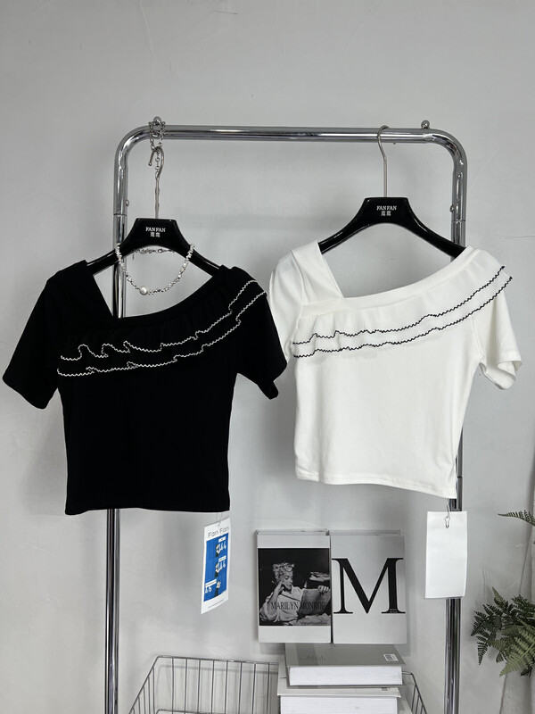 [Fanfan] Korean color contrast edge single shoulder collar short sleeve T-shirt 0066\zxx