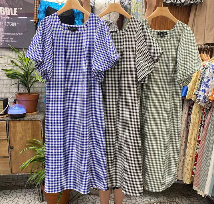 [suzybubble] temperament square neck Plaid fresh dress 8946\wpl
