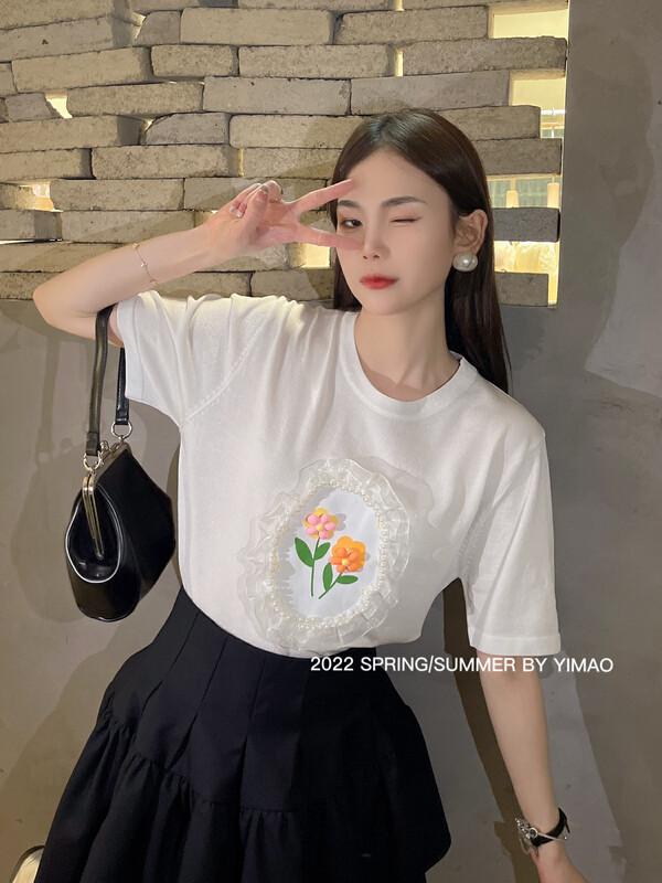 [Feimao (Yimao)] Korean casual aging flower short sleeve T-shirt ym-6111\lsl