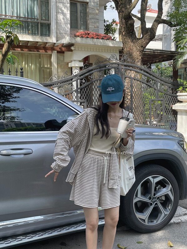 【 love 】 versatile hooded zipper jacket + elastic waist casual Shorts Set z1170\hbx