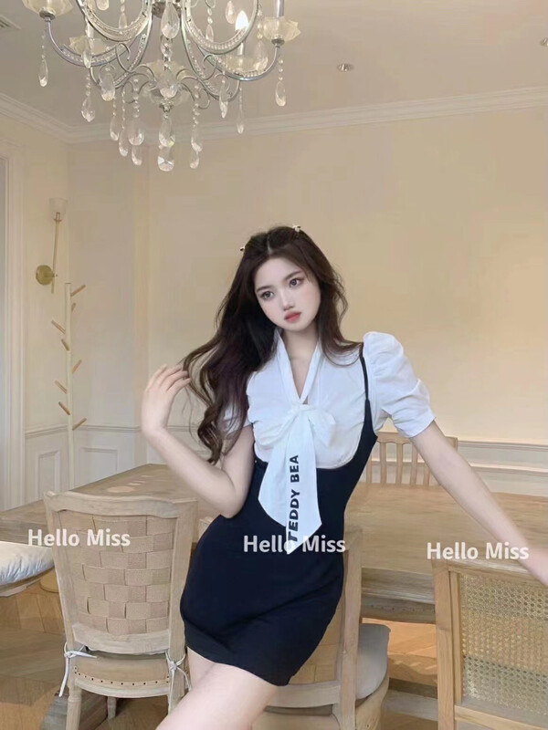 [Hello Miss] bowknot temperament blouse + sexy suspender dress set ys1-309# PCZ