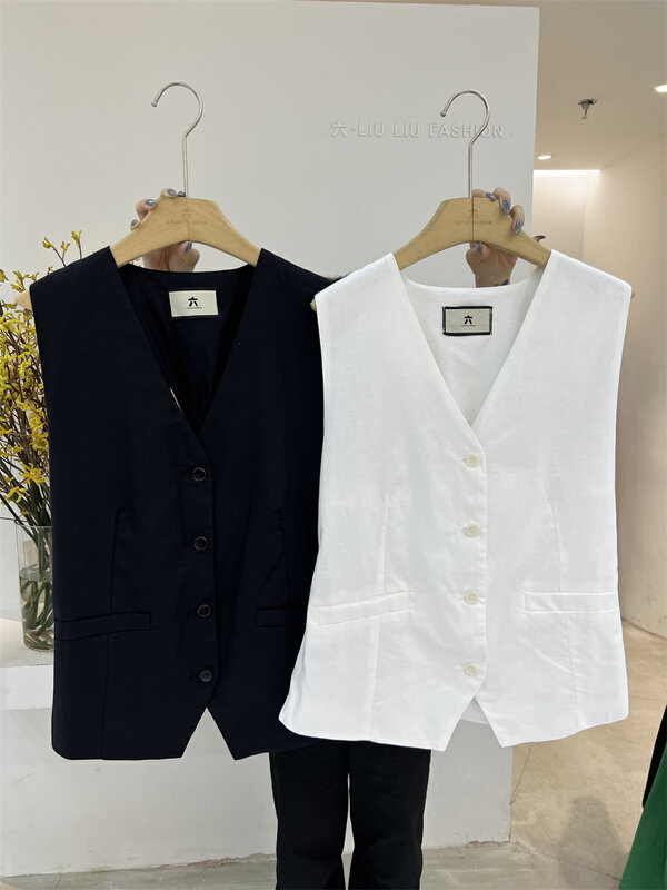 [vi.liu Liu] simple single breasted V-neck sleeveless vest 60658\zxl