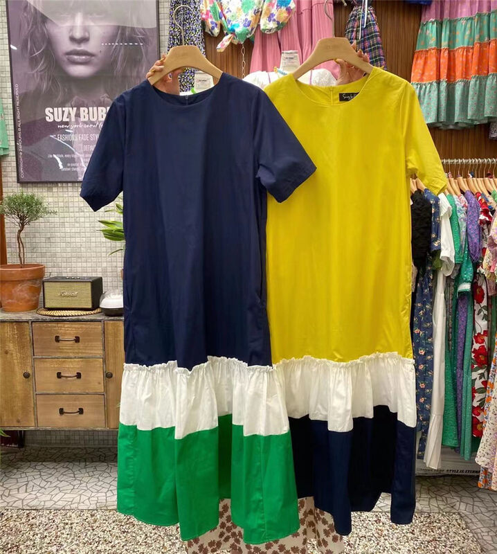 [suzybubble] simple casual color contrast round neck short sleeve dress 6255\wpl