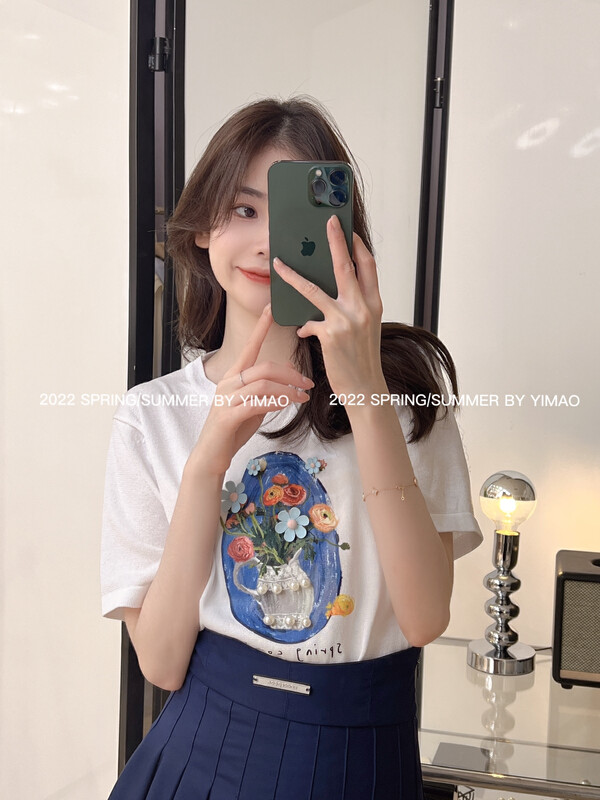 [Feimao (Yimao)] fresh oil painting flower print short sleeve T-shirt ym-4076\lsl