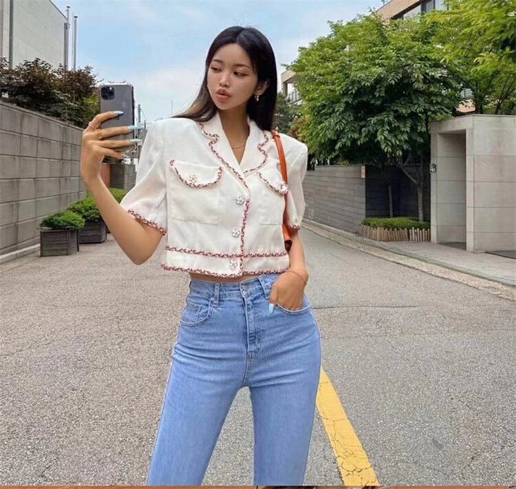 [suzybubble] contrast color raw edge design Short Sleeve single breasted shirt 5006# WPL