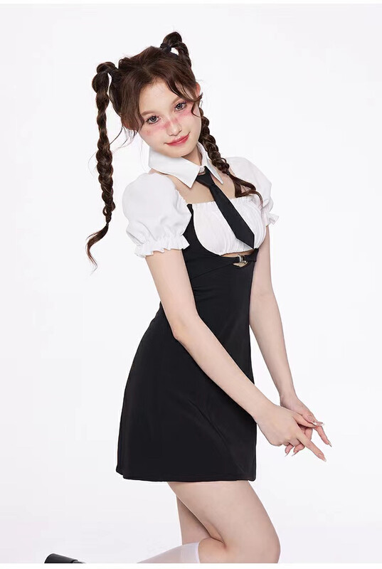 [Fanfan] Spice Girl color contrast stitched bubble sleeve dress (with neckline tie) 258 "zxx