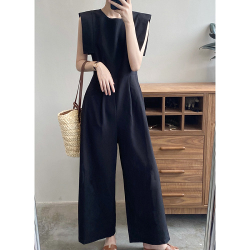 Real shot ~ round neck sleeveless pleated solid color Jumpsuit women 2022 summer loose thin wide leg pants women