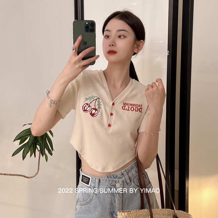 [Feimao (Yimao)] Korean Short embroidered letters personalized design Short Sleeve T-shirt ym-7902\lsl