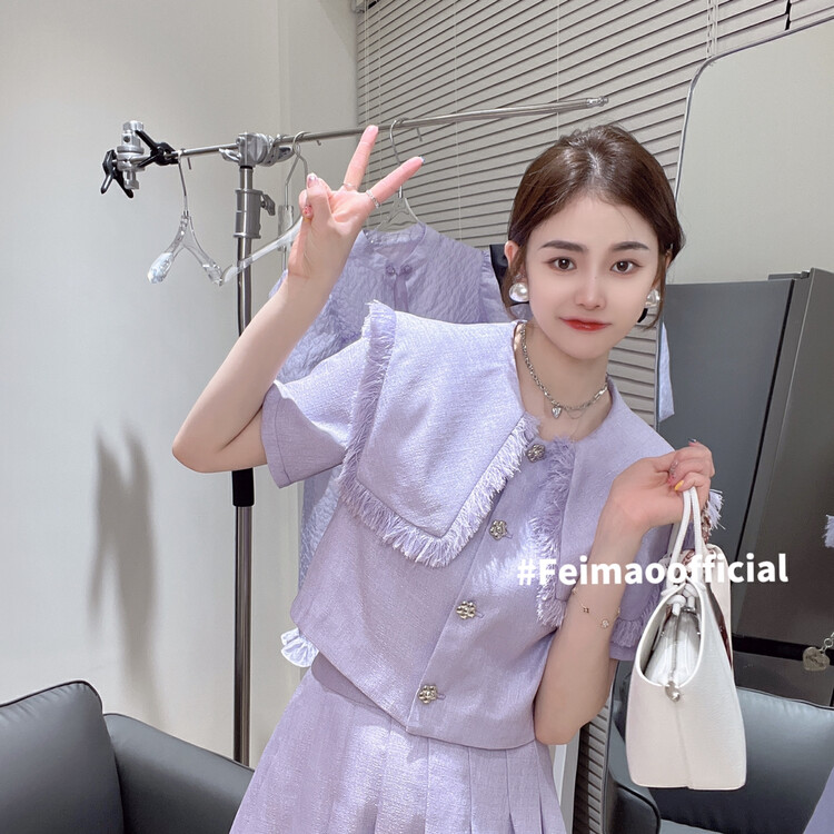 In early summer! [Feimao Philippine cat] short coat with small fragrance with rough edges + high waist pleated skirt suit ym-7409\lsl