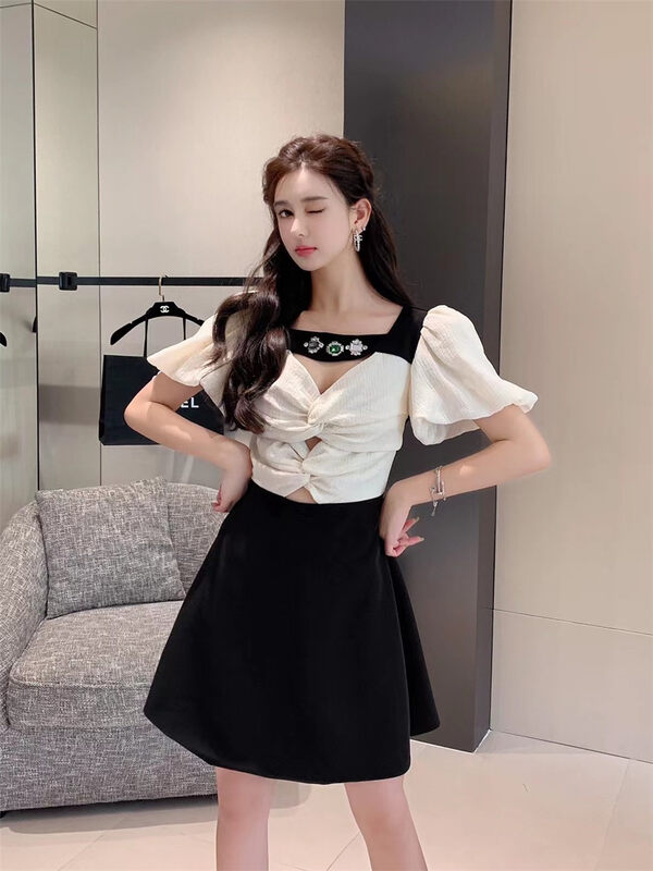 [Magnolia] temperament square collar Nail Drill hollowed out dress g152# JJ