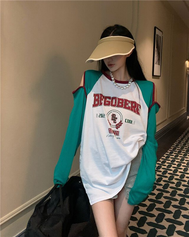 [chuu] round neck off shoulder lettered long sleeve T-shirt ys1-1130\hbx