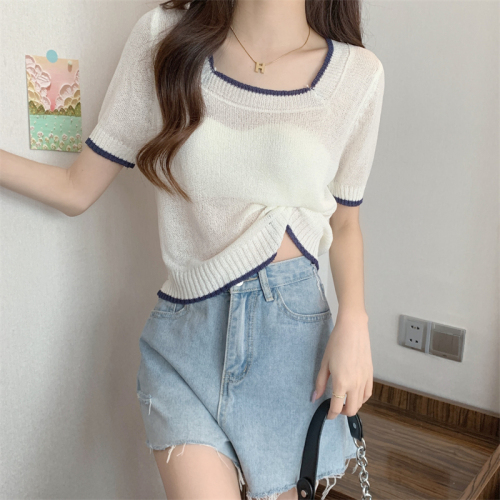 Real shooting and real price summer Korean version French square neck thin color contrast design sense knitted short sleeve women's T-Shirt Top