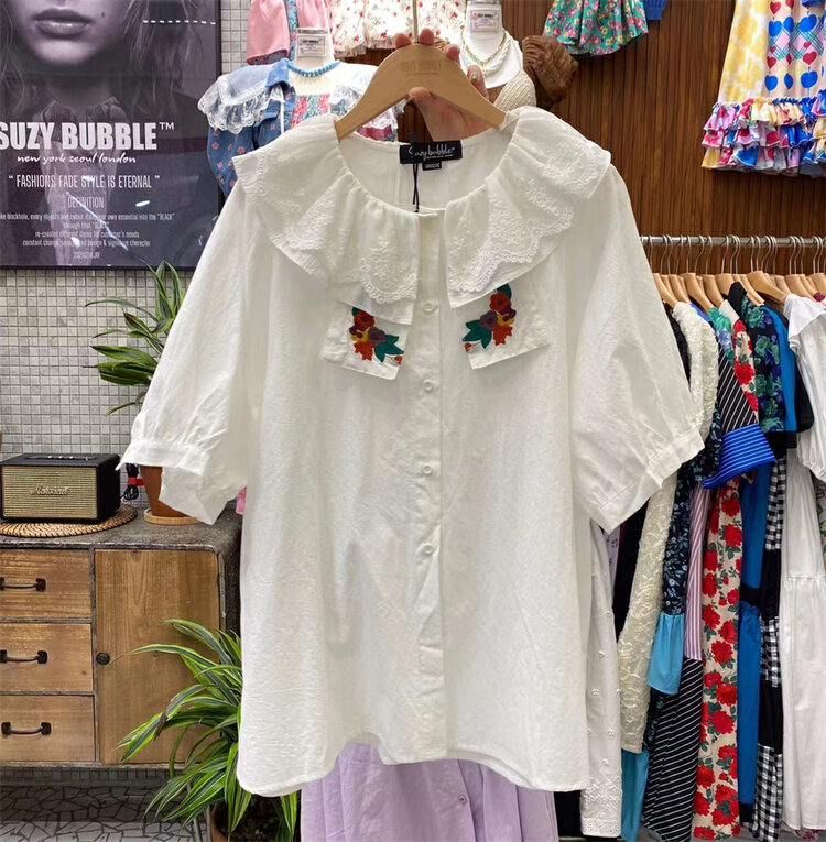 [suzybubble] fresh and simple baby collar embroidered short sleeve shirt 6140# WPL