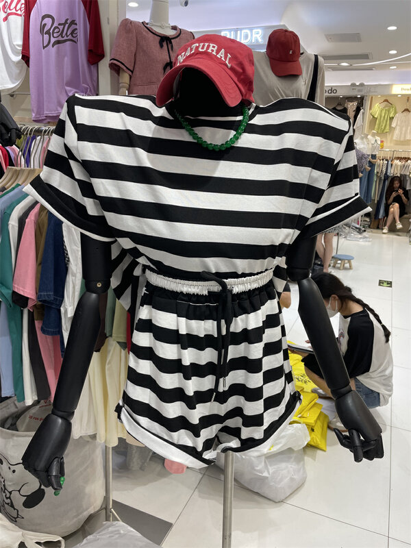 [goblin] striped round neck short sleeve T-shirt + loose casual Shorts Set 9755 \wpl