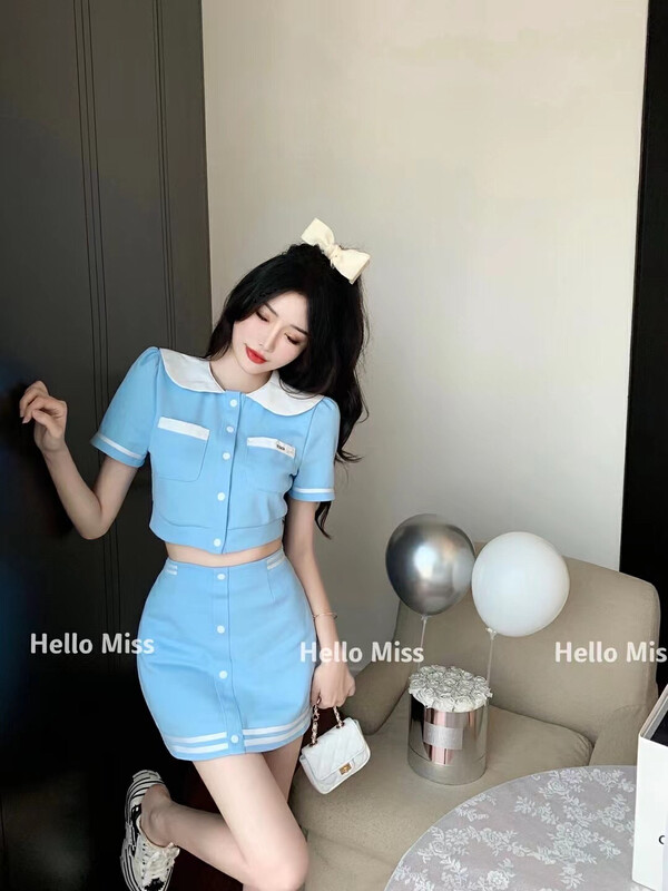 [Hello Miss] college style versatile short sleeve shirt + slim skirt suit 81130\pcz