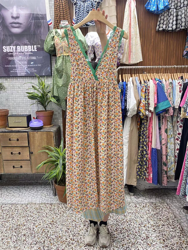 Original price 108.99! [suzybubble] retro romantic small flower color contrast dark V dress ys2-776\wpl