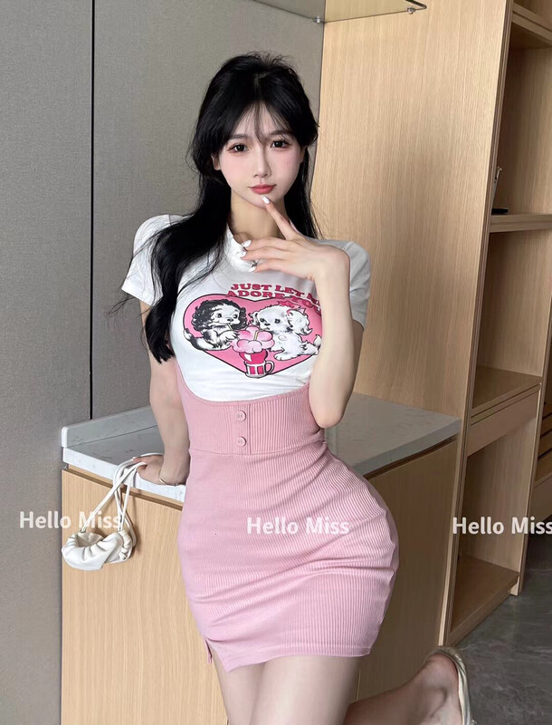 [Hello Miss] sweet Spice Girl Print Blouse + suspender comfortable suspender skirt suit 61131\pcz