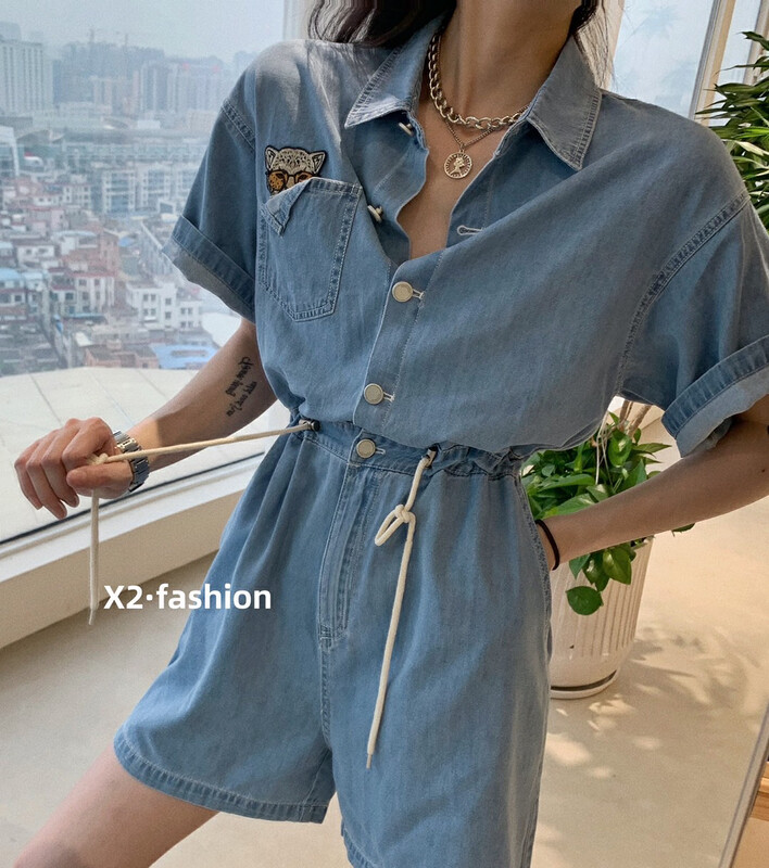 [x2] tiger embroidery single pocket waist closed denim Jumpsuit 8878 \ozq