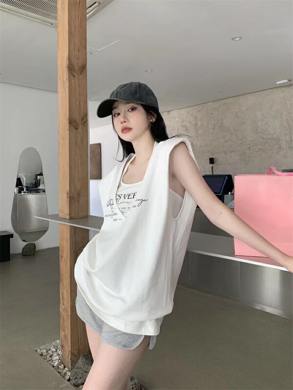[Fanfan] Korean alphabet printing loose type + Spice Girl neck tank top set 0038# zxx