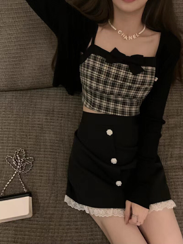 [Fanfan] fashionable and versatile knitted cardigan + Plaid vest / suspender set 0090# zxx
