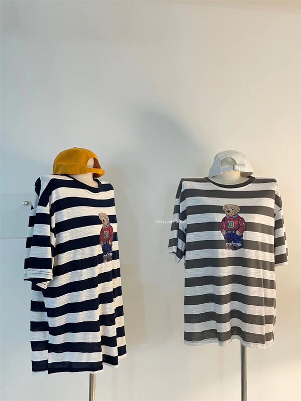 [UNC be] d letter stripe bear print short sleeve T-shirt 2132\xyy
