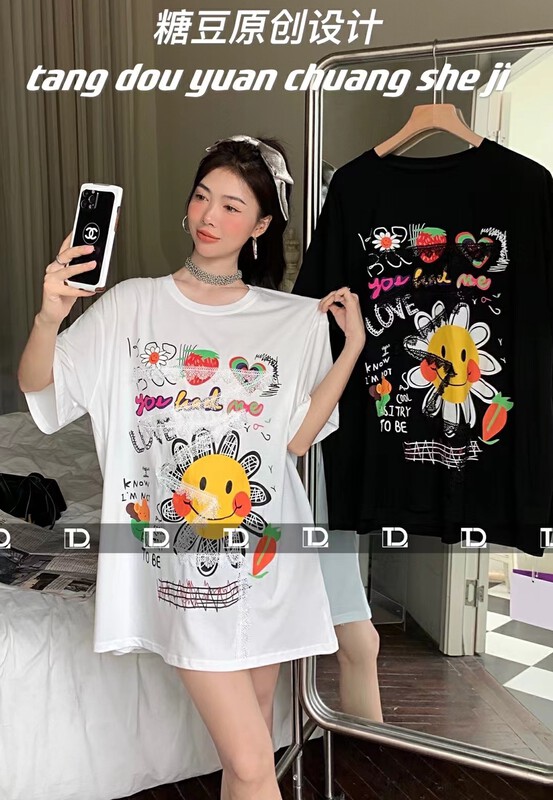 [tangdou original] lace stitching graffiti printed short sleeve T-shirt 9820 \wtt