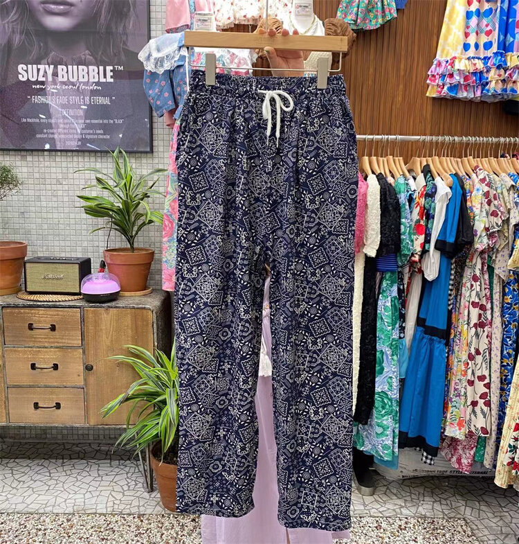 [suzybubble] fashion retro print loose lace up casual pants 6032-4# WPL