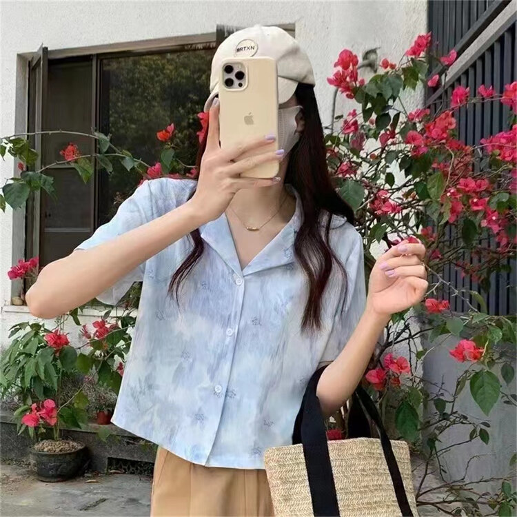 [suzybubble] suit collar single breasted printed short sleeve shirt 5555\wpl
