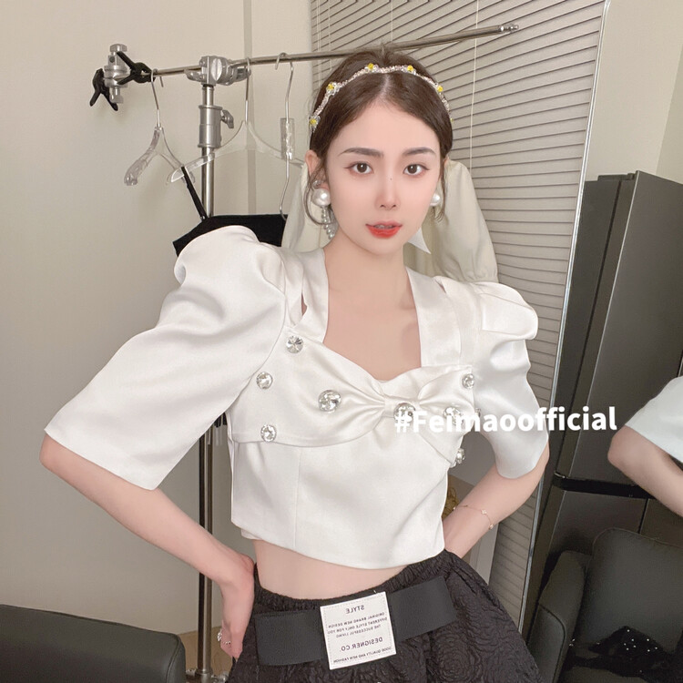 In early summer! [Feimao Philippine cat] French style bubble sleeve short shirt ym-7398\lsl