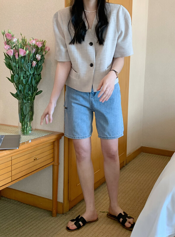 [meet me] Korean version of hole breaking design 5-point denim shorts 7013\ll