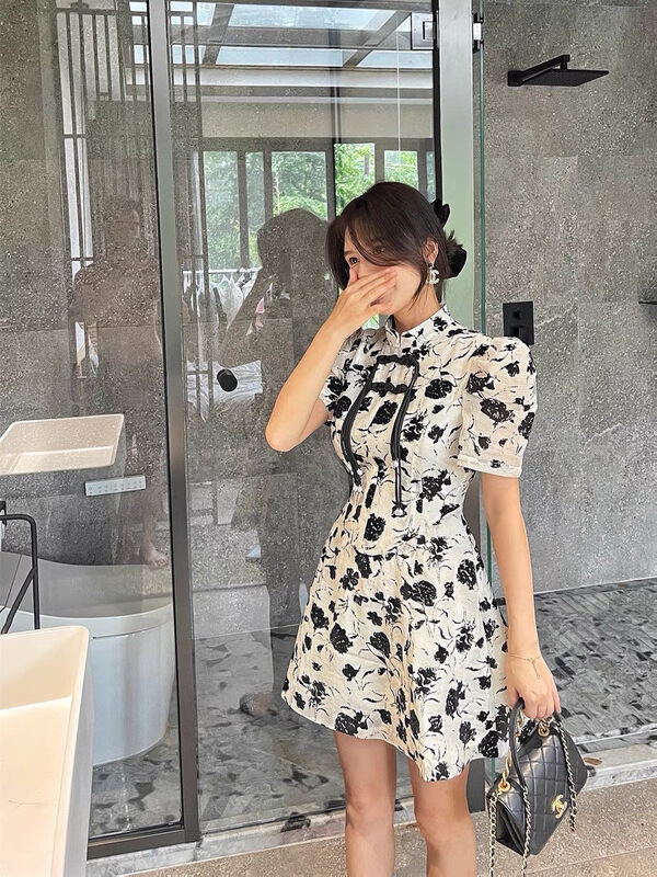 [Sumi] stand collar button floral improved cheongsam dress 22715\zjy