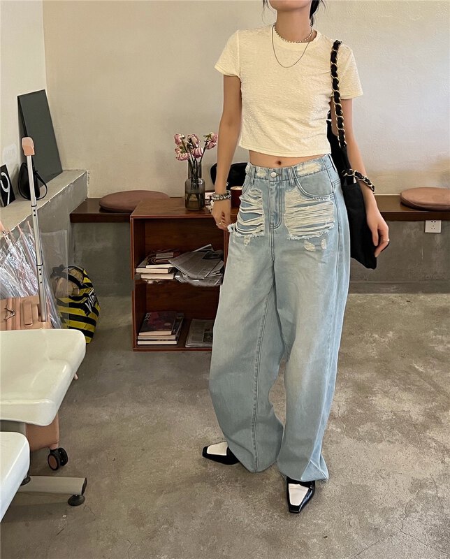 [o not 1] rough edge Vintage ins style wide leg jeans n233# LSW