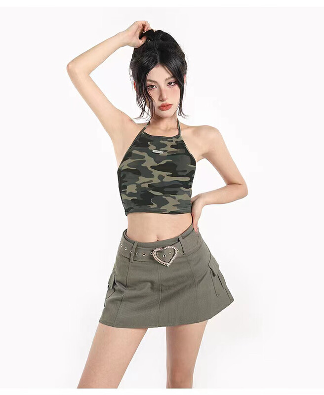[Fanfan] design sense thin knitted sunscreen shirt + American Spice Girl camouflage neck strap vest set 0093# zxx