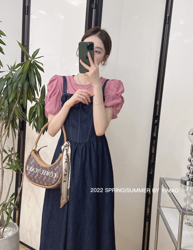 [Feimao (Yimao)] Korean suspender denim three-dimensional floret dress z-308# LSL