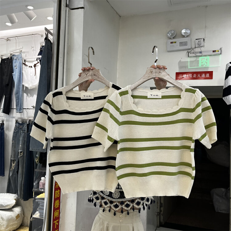 [Yun] square neck design striped short sleeve sweater 6755# CSX