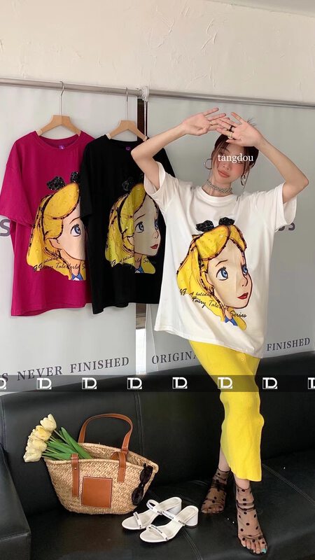 [tangdou original] Korean loose short sleeve T-shirt with front and back printing sequins 9815 \wtt