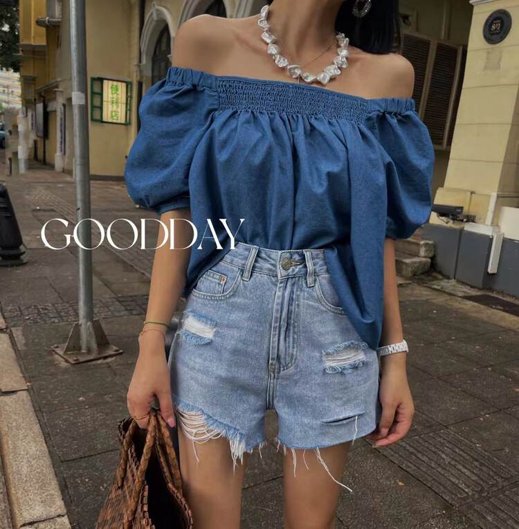 [good day] French bubble sleeve denim blouse 3312\csx