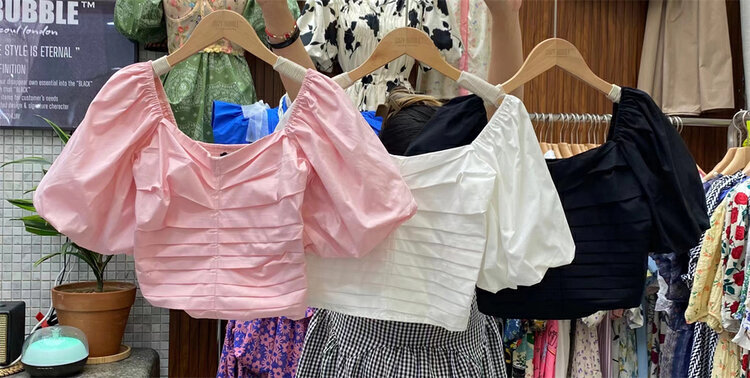 [suzybubble] fresh and simple square neck Lantern Sleeve short shirt ys1-2231# WPL