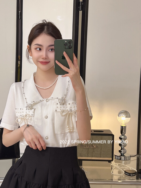 [Fei Mao] simple breasted bow tie nail bead short sleeve T-shirt ys1-ym-4009\lsl