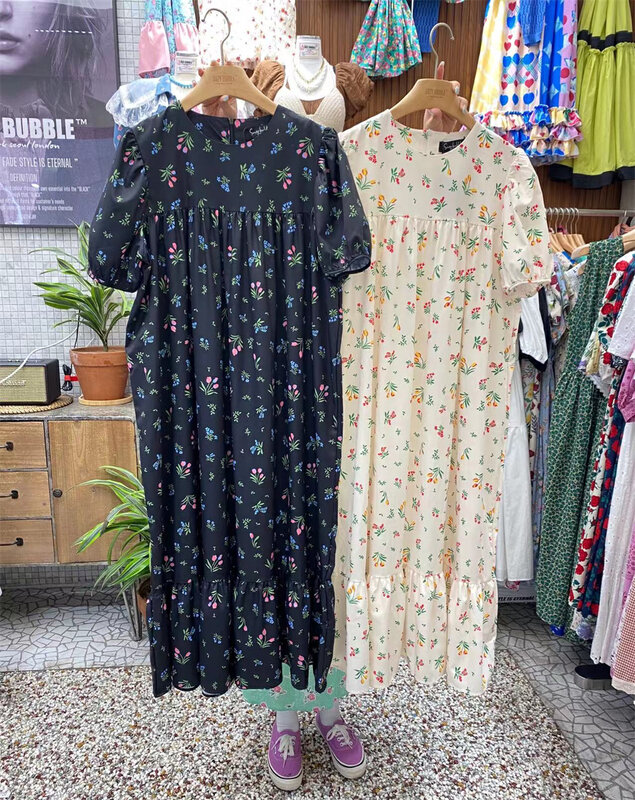 [suzybubble] fresh round neck printed bubble sleeve loose dress 22352 \wpl