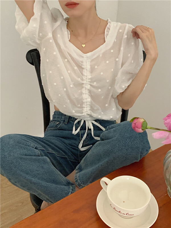 [love] Korean embroidery micro transparent drawstring dot Tencel chiffon shirt 0152\fhx