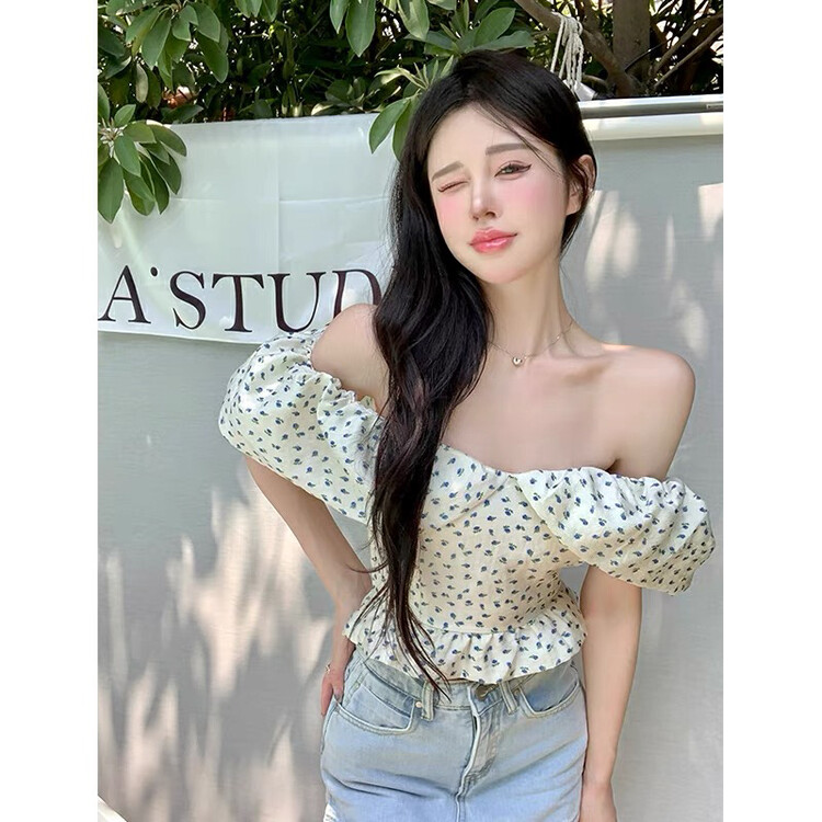 [8lei5 ballet] sweet spicy one shoulder chiffon floral shirt 0-\\wpl