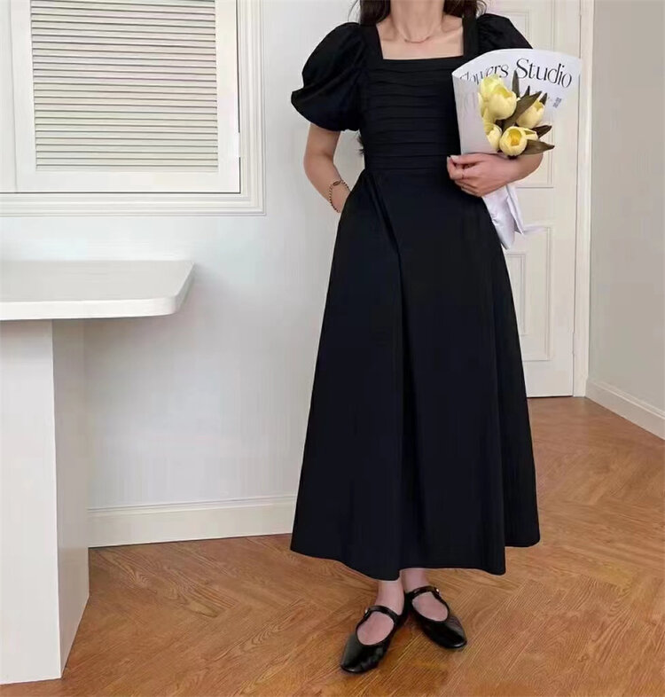 [suzybubble] French retro crimped Lantern Sleeve square neck dress 2386\wpl