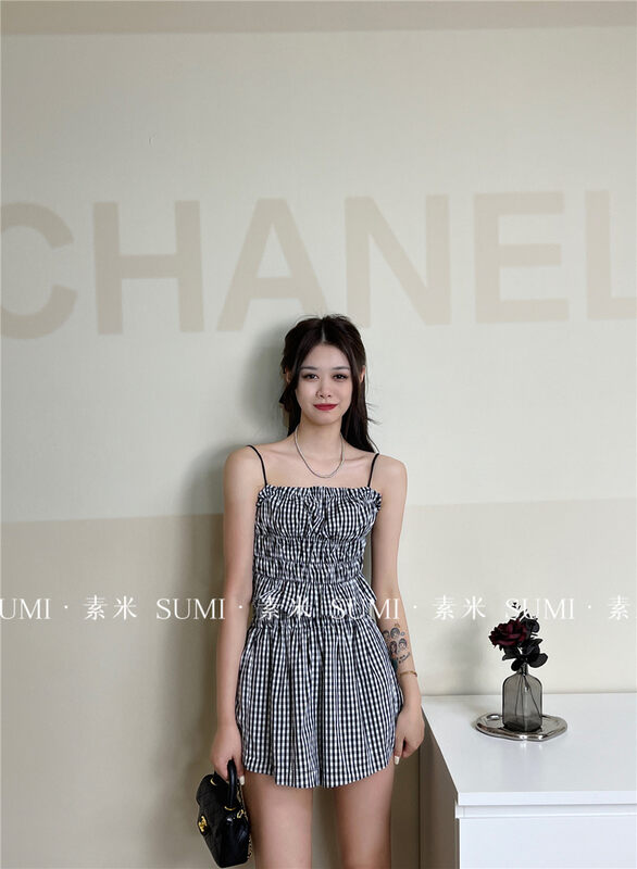 [Sumi] pleated Plaid suspender + casual shorts suit (suit only) 7039\zjy